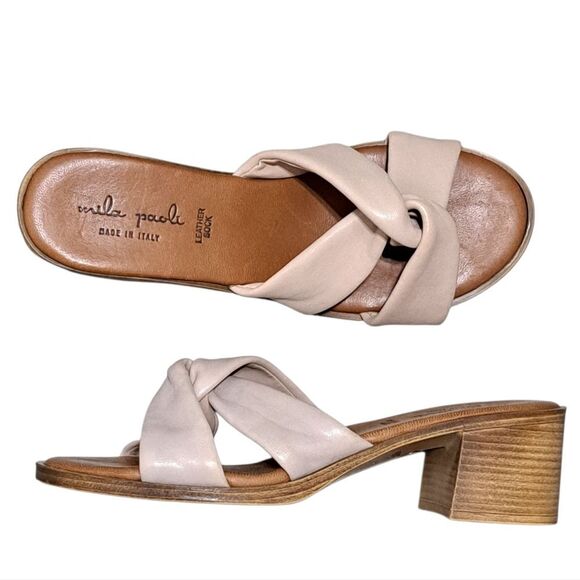 Mila Paoli Knotted Leather Slip On Open Toe Sandal Block Heel Size 9 Rose Pink - Picture 1 of 14